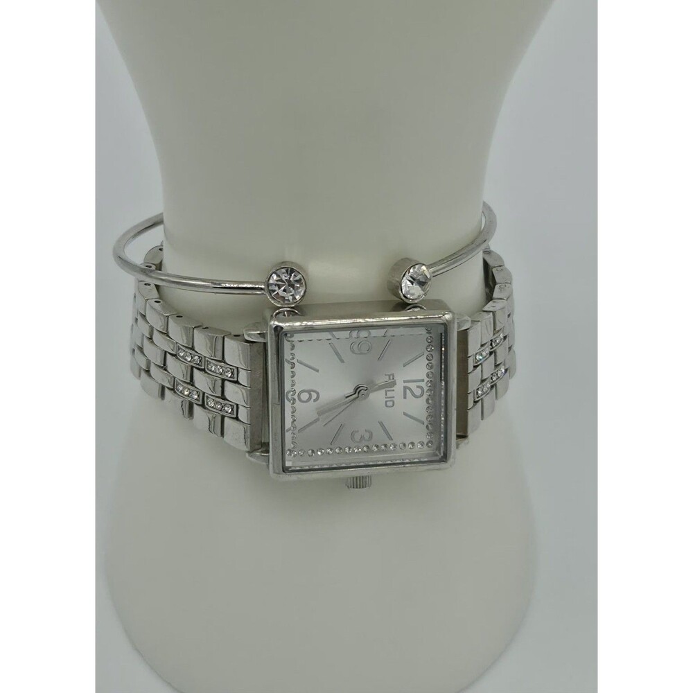 FOLIO Women's Silver Tone Tank Watch Set – Rhinestone Rectangular Dial & Cuff - Picture 3 of 4